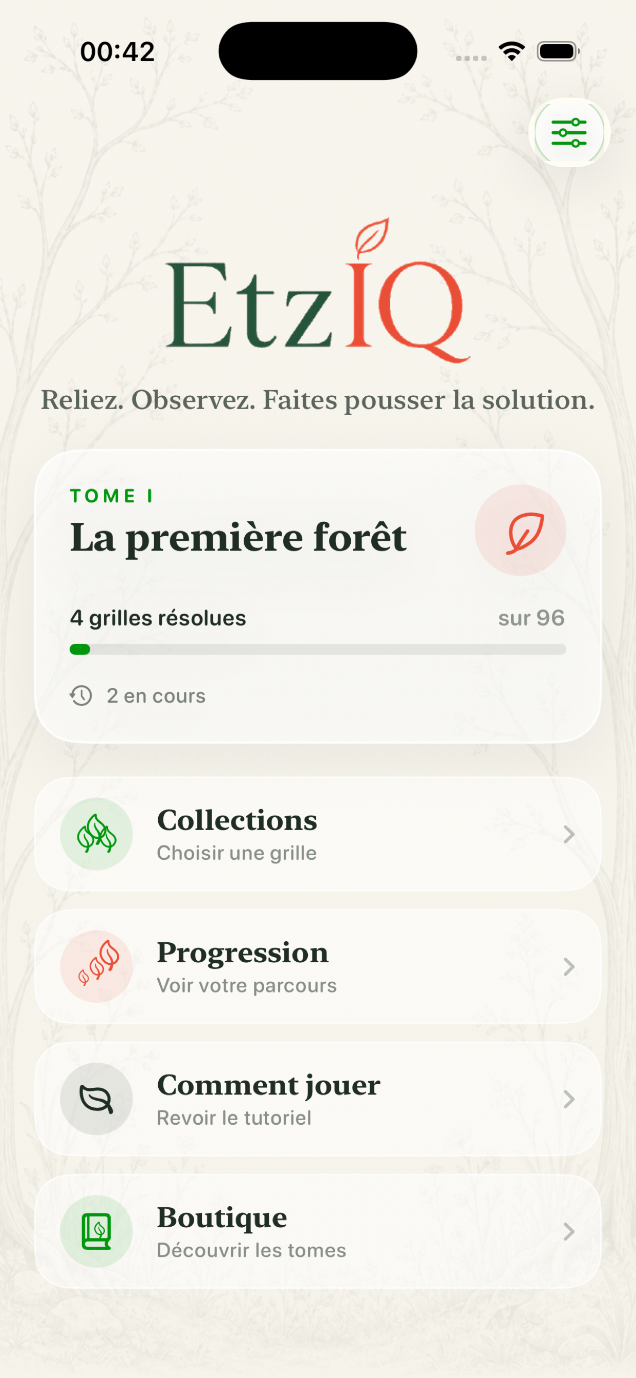 Écran d’accueil EtzIQ